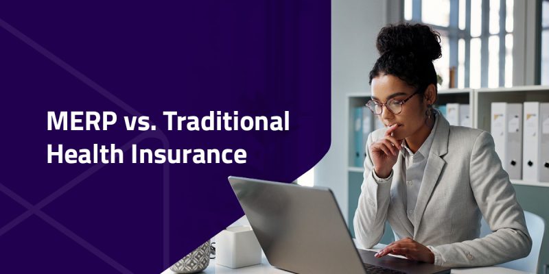 Merp vs traditional health insurance. Professional looking woman looking at laptop